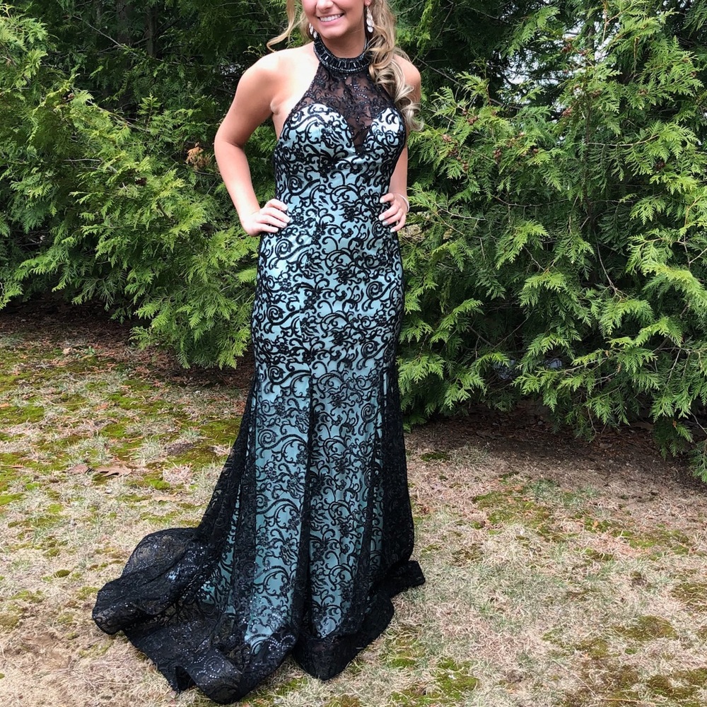 Mint green, black lace prom dress